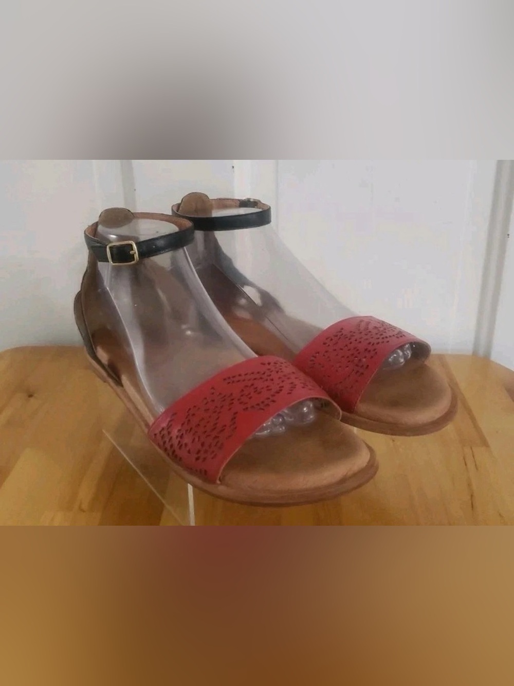 Red Laser-Cut Ankle-Strap Flat Sandals